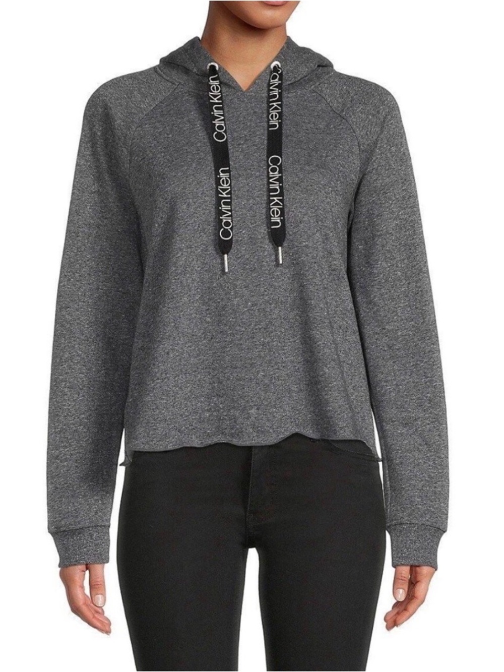 Calvin Klein Charcoal Gray Cropped Hooded Sweatshirt with Branded Drawcords
